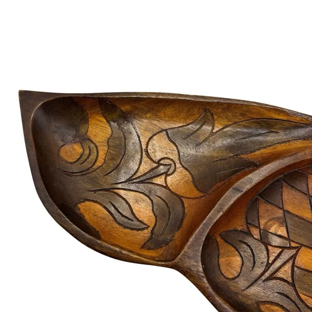 Vintage Monkey Pod Wood Leaf Serving Dish – 3 Section Hand-Carved Pineapple Tray